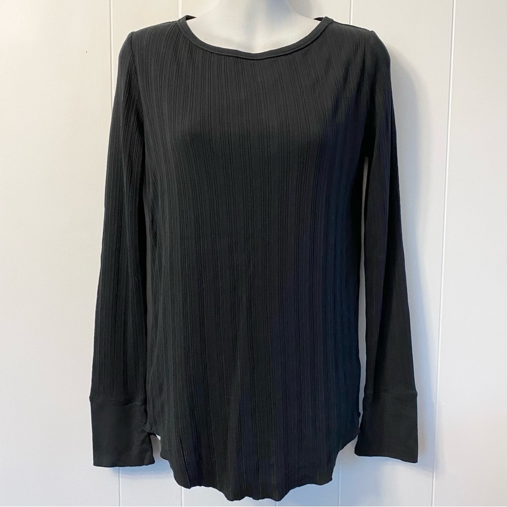 MARGARET O’Leary Ribbed Long Sleeve Cotton Tee T-shirt Top Black Scoop Hem